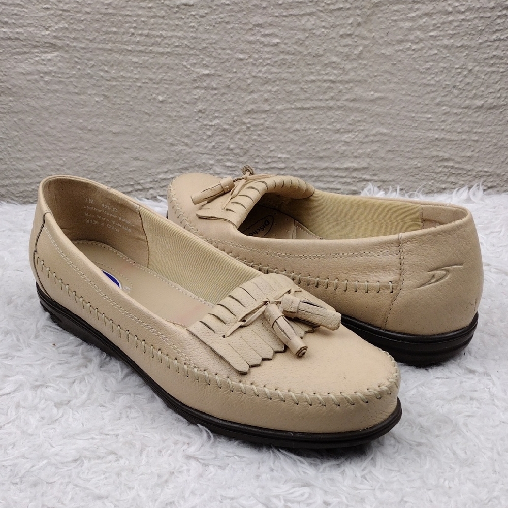 Dr Scholl's Beige Leather Feather Tassel Upper Almond Toe Low Wedge Heel Loafer